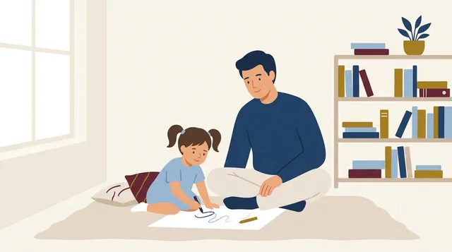 Ilustração acolhedora de um pai desenhando com a filha na sala de casa, representando o vínculo familiar protegido contra a alienação parental.