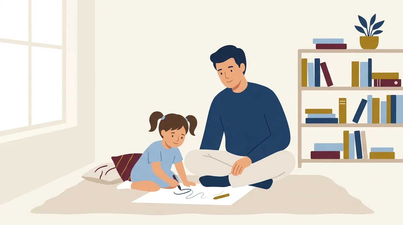 Ilustração acolhedora de um pai desenhando com a filha na sala de casa, representando o vínculo familiar protegido contra a alienação parental.