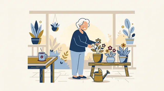 Mulher idosa sorridente cuidando de flores na varanda, representando a tranquilidade com os direitos da aposentadoria por idade.
