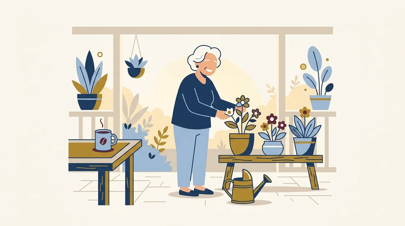 Mulher idosa sorridente cuidando de flores na varanda, representando a tranquilidade com os direitos da aposentadoria por idade.