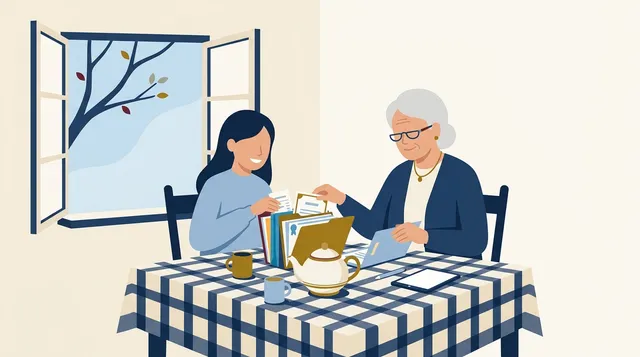 Idosa e neta sentadas à mesa da cozinha organizando documentos para solicitar o BPC LOAS com tranquilidade.