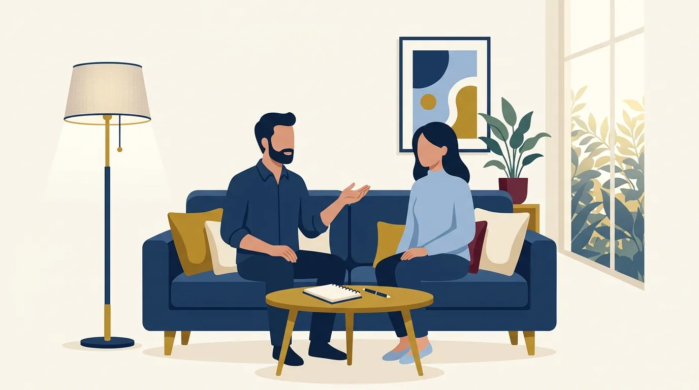 Casal conversa com calma na sala de estar analisando anotações sobre despesas e regras de despejo por falta de pagamento.
