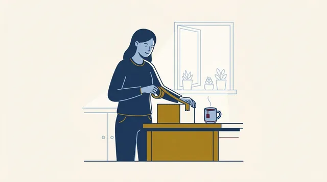 Mulher na cozinha preparando uma encomenda para devolução usando o direito de arrependimento garantido pelo Código de Defesa do Consumidor.