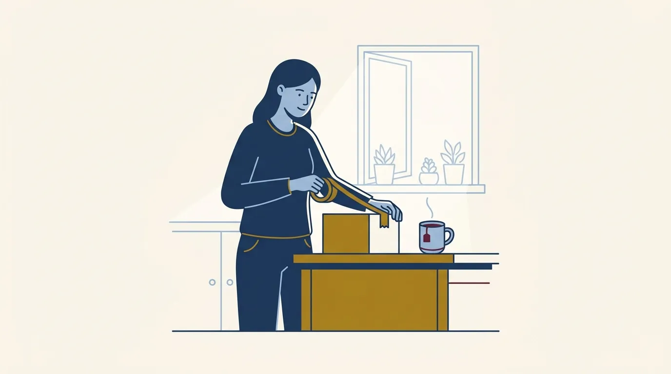Mulher na cozinha preparando uma encomenda para devolução usando o direito de arrependimento garantido pelo Código de Defesa do Consumidor.