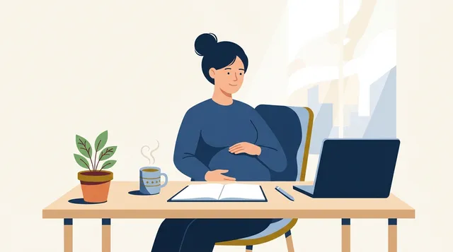 Mulher grávida trabalhando com tranquilidade no escritório, ilustrando o artigo sobre direitos das gestantes no trabalho.