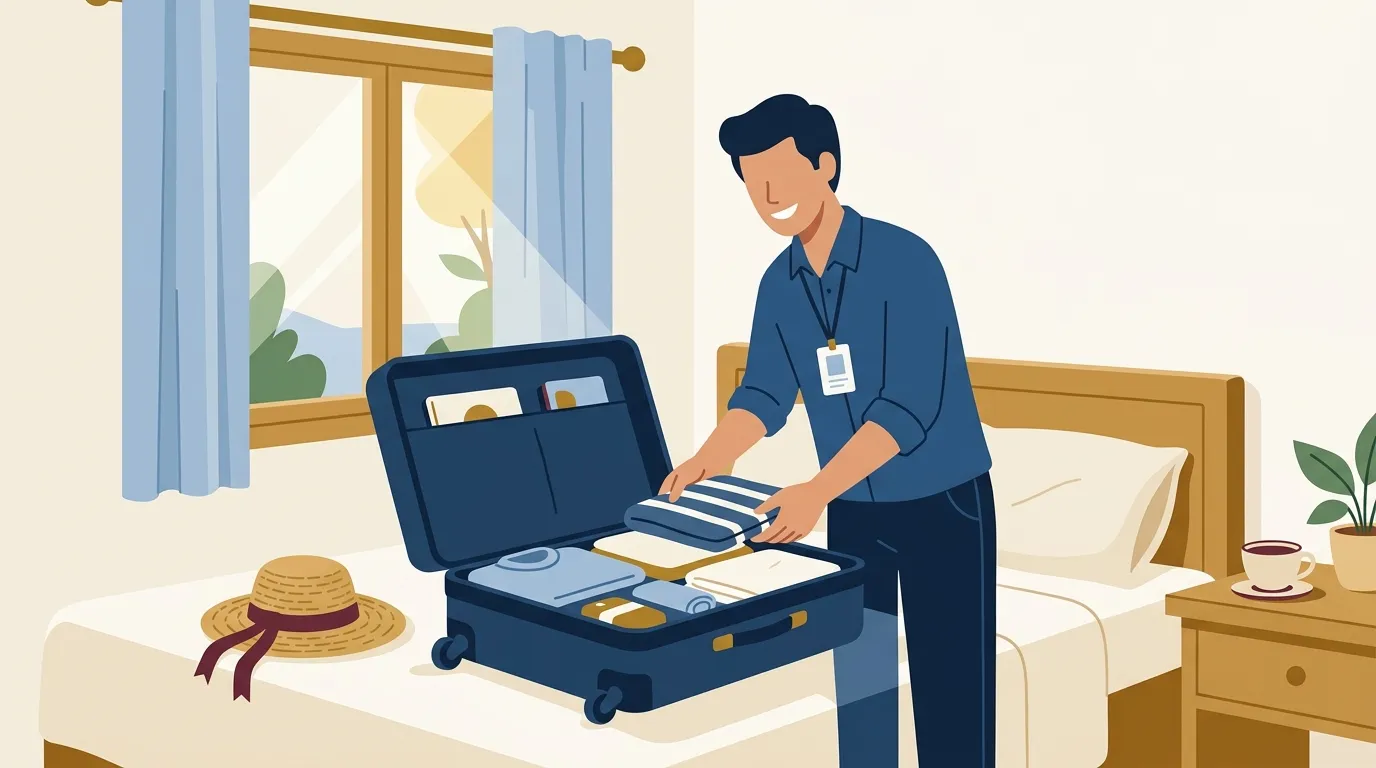 Ilustração de um jovem organizando as malas para o período de descanso, representando as regras e o valor das férias do trabalhador.