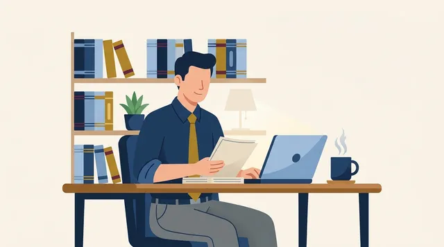 Profissional organizando a gestão de escritório de advocacia em uma mesa de trabalho arejada com notebook e anotações.