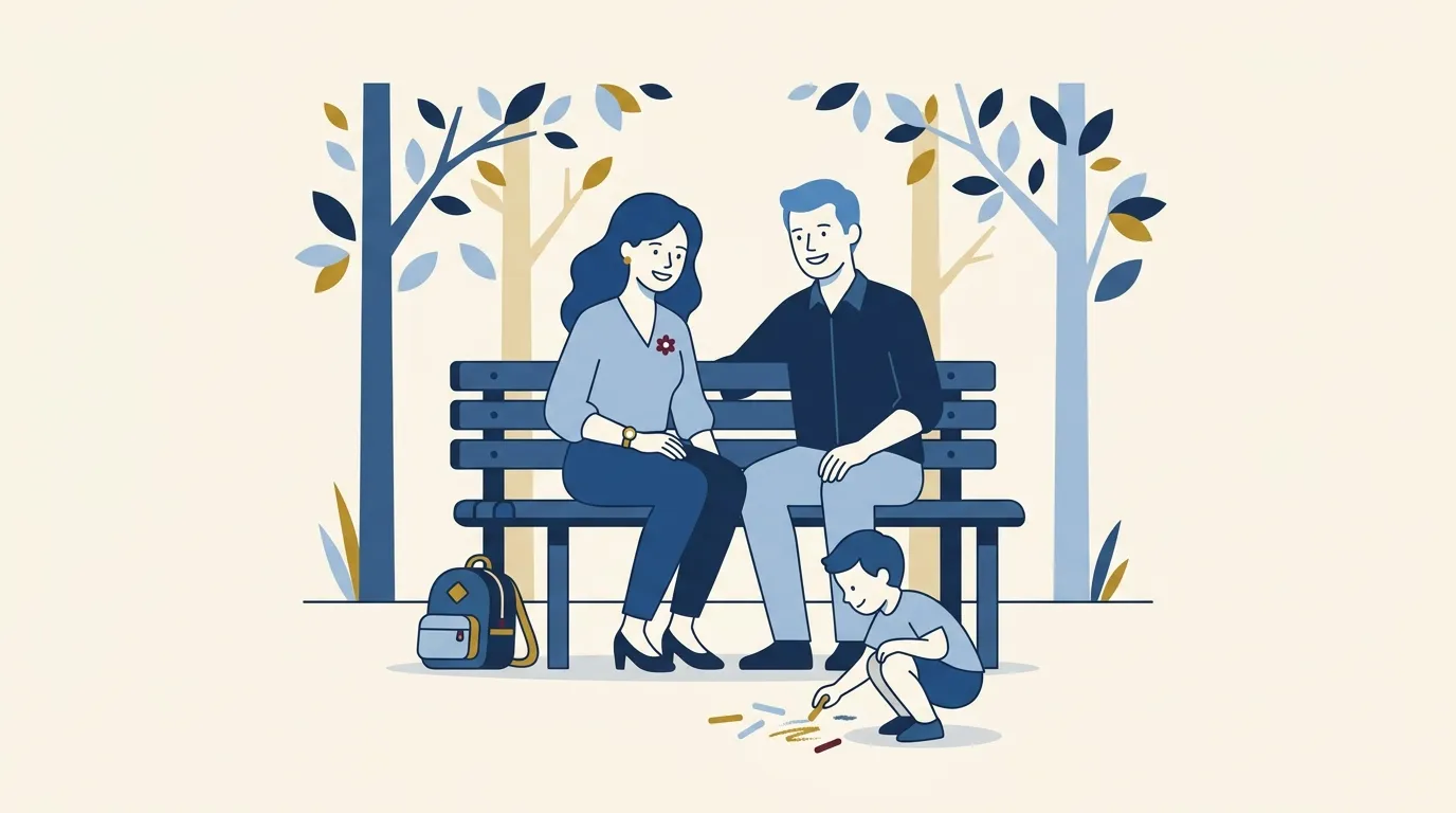 Pais conversando amigavelmente em um parque enquanto a filha brinca, ilustrando o convívio e a cooperação na guarda compartilhada.