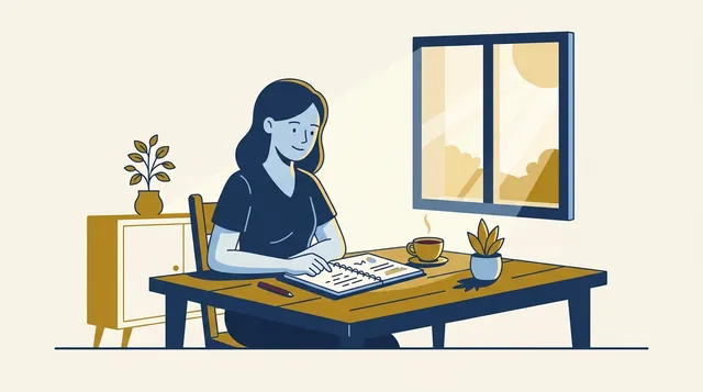 Mulher sentada à mesa de jantar calculando horas extras no caderno, com uma xícara de café e luz suave entrando pela janela.