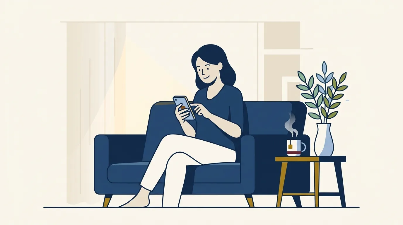 Mulher no sofá usando celular para consultar regras da lgpd direitos do titular e proteger suas informações pessoais do dia a dia.