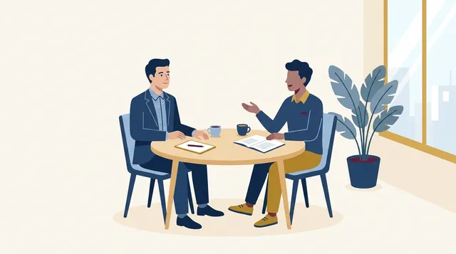 Advogado orientando empreendedor em uma reunião acolhedora sobre as regras do marco legal das startups.