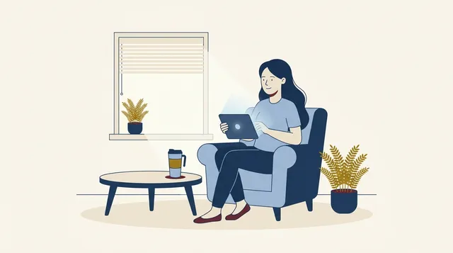 Mulher tranquila consultando informações no tablet sobre o que diz a lei sobre metaverso blockchain e criptomoedas na sala de casa.