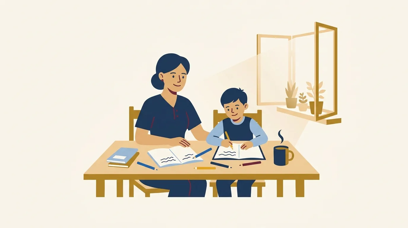 Mãe ajudando o filho a estudar na mesa de casa, em cena acolhedora sobre o direito à pensão alimentícia e a proteção da família.