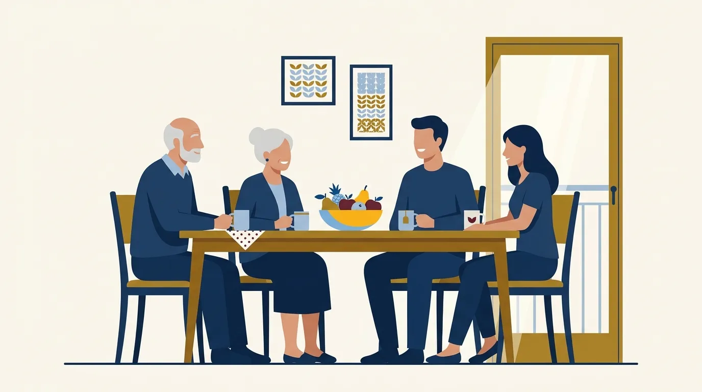 Família reunida à mesa conversando com tranquilidade sobre planejamento sucessório e organização da partilha de bens em vida.