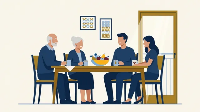 Família reunida à mesa conversando com tranquilidade sobre planejamento sucessório e organização da partilha de bens em vida.