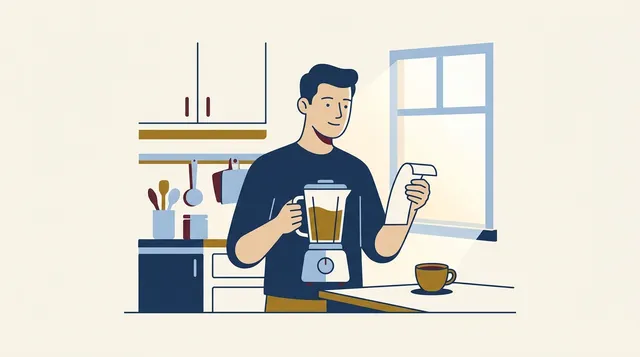 Consumidor na cozinha com produto com defeito e nota fiscal na mão para solicitar assistência técnica.