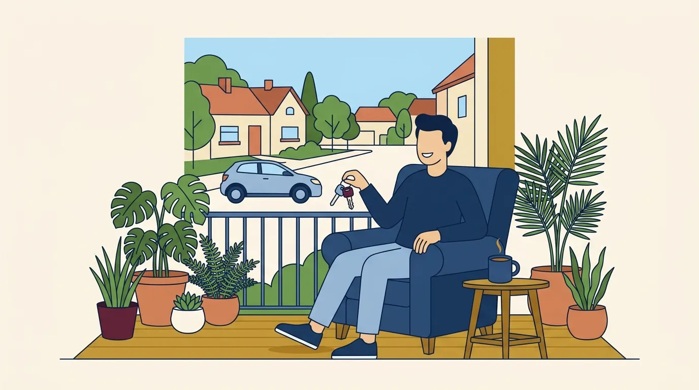 Motorista tranquilo na varanda de casa segurando as chaves do carro, ilustrando orientações sobre recurso de multa de trânsito e prazos legais.