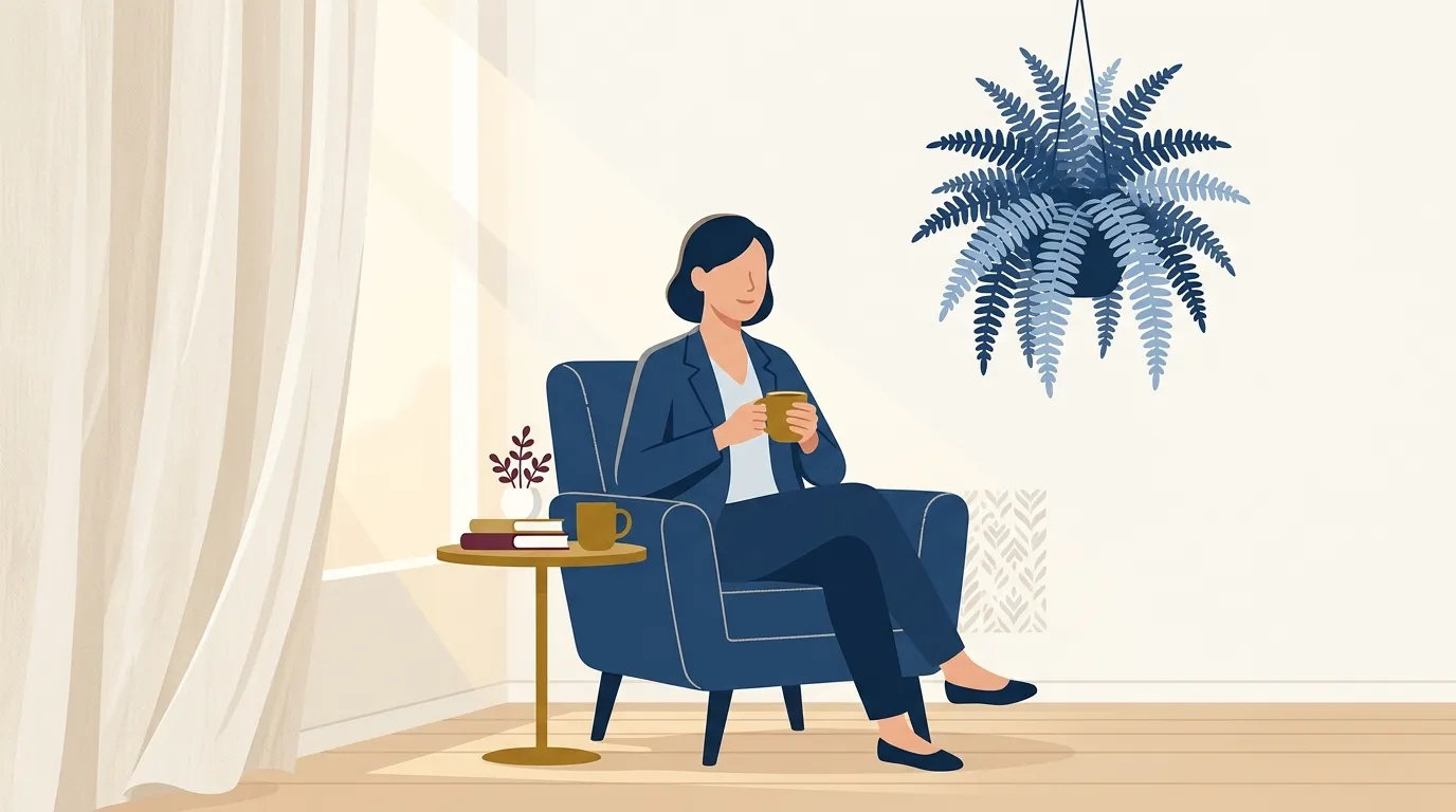Profissional descansando com tranquilidade em ambiente acolhedor, representando o cuidado com a saúde mental no trabalho e os direitos trabalhistas.