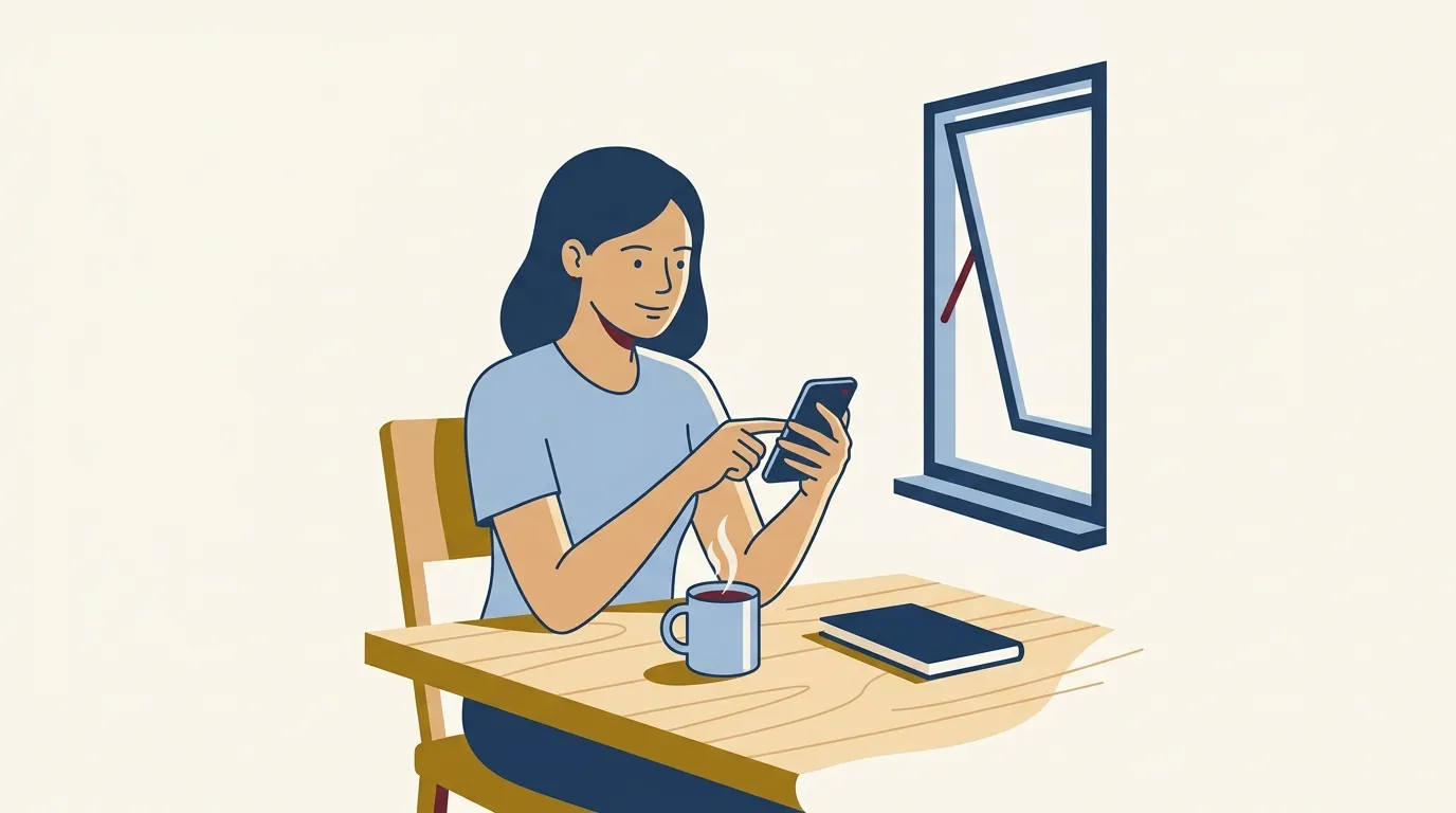 Mulher sentada à mesa de casa conferindo informações sobre o pedido do seguro-desemprego no celular com tranquilidade.