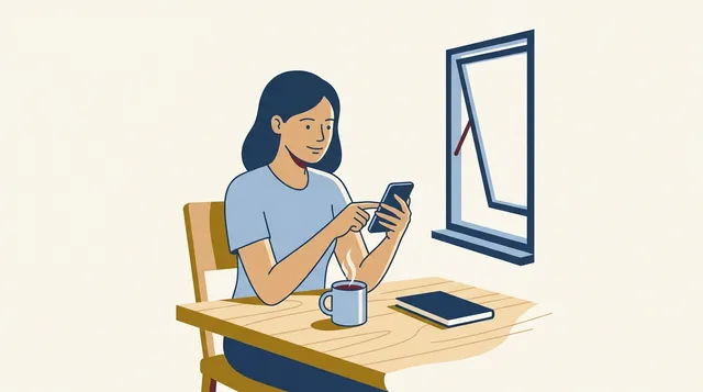 Mulher sentada à mesa de casa conferindo informações sobre o pedido do seguro-desemprego no celular com tranquilidade.
