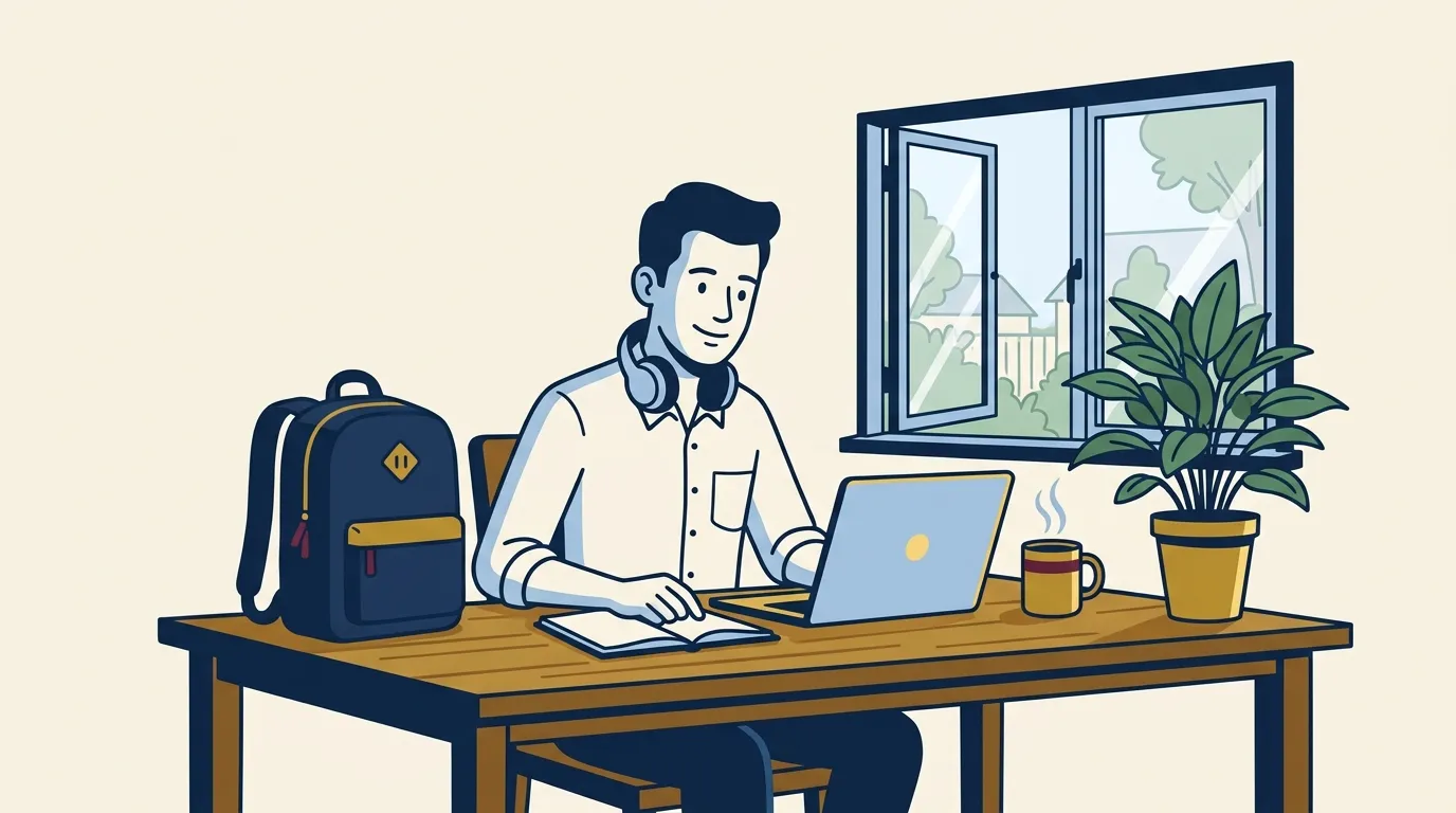 Profissional em home office com notebook e mochila ao lado, representando a rotina do trabalho híbrido.