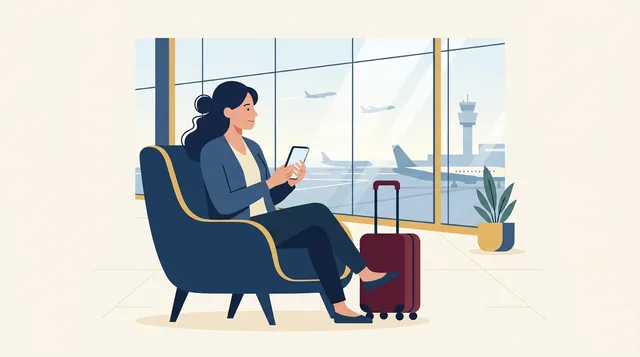 Passageira sentada com tranquilidade em poltrona de aeroporto após enfrentar voo atrasado ou cancelado, consultando seus direitos pelo celular.